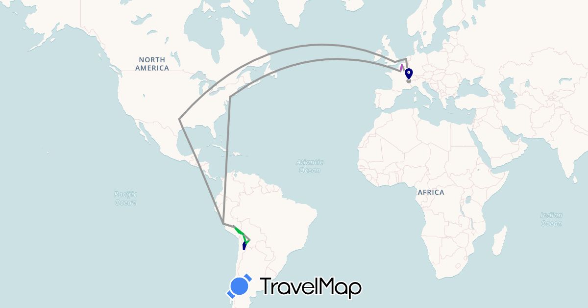 TravelMap itinerary: driving, bus, plane, train, hiking in Bolivia, Switzerland, France, United Kingdom, Netherlands, Peru, United States (Europe, North America, South America)